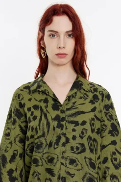Store BIMBA Y LOLA Camisa Oversize Lino Animal Mix Verde