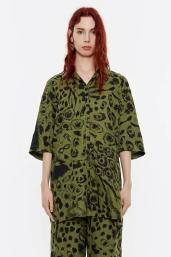 Fashion BIMBA Y LOLA Camisa Oversize Lino Animal Mix Verde