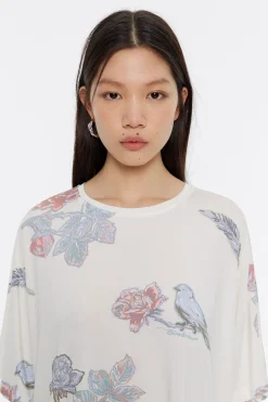 Outlet BIMBA Y LOLA Camiseta Boxy Viscosa Birds Marfil