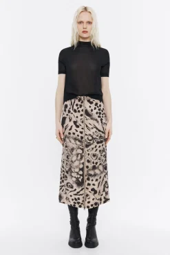 Online BIMBA Y LOLA Falda Fluida Midi Animal Mix Camel