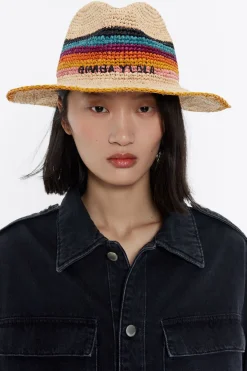 Shop BIMBA Y LOLA Gorro Rafia Natural Rayas