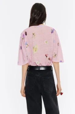 Shop BIMBA Y LOLA Jersey Hombros Fruncidos Lino Flowers Rosa