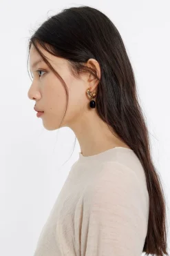 Hot BIMBA Y LOLA Pendientes Aro Dorado Piedra Negra