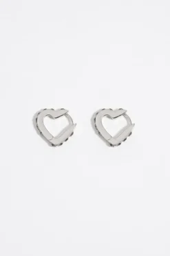 New BIMBA Y LOLA Pendientes Aro Mini Plateado Corazon Cristales