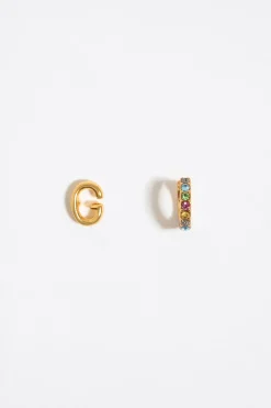 New BIMBA Y LOLA Pendientes Letra G Y Aro Mini Cristales Multicolores