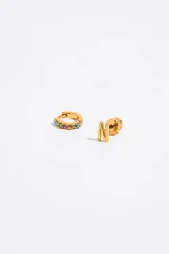 Best Sale BIMBA Y LOLA Pendientes Letra N Y Aro Mini Cristales Multicolores
