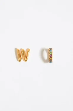 New BIMBA Y LOLA Pendientes Letra W Y Aro Mini Cristales Multicolores