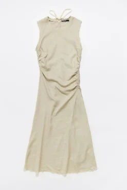 Hot BIMBA Y LOLA Vestido Midi Desflecado Lino Arena Lavado